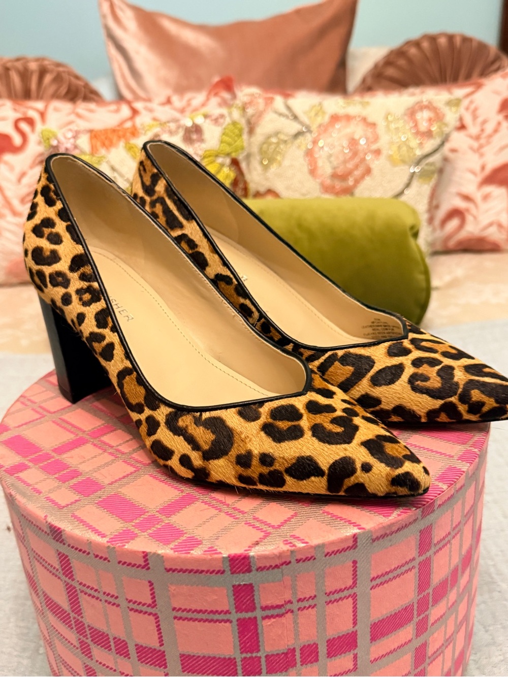 Marc Fisher Leopard Print Pointed Block Heel Pumps - Tan/Black